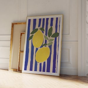 Zitronen Kunstdruck, Zitronen und Streifen Kunst, Strandhaus Poster, Moderne Wandkunst, Wanddekoration Küche, Süßer Zitronen Druck, Digitaler Download
