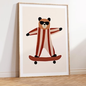 Skateboarding Bär Kinderzimmer Kunstdruck, Tier Wandkunst für Kinderzimmer, Verspielte Kinderzimmer Dekoration, Retro Kinderzimmer Dekoration, digitaler Download