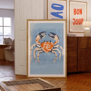 Küsten Krabbe Kunstdruck, Strandhaus Poster, Gouache Wandkunst, Ozean Druck, blaue Krabbe am Meer Poster, Badezimmer Wanddekoration, digitaler Download