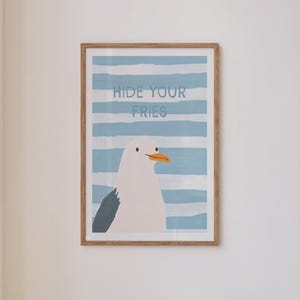 Lustige Möwe Kunstdruck, Sommer Poster, Küsten Dekor, Ozean Wand Kunst, Trendy Pommes Druck, Strand Haus Dekor, Digital Download