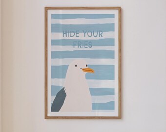 Funny Seagull 'Hide Your Fries' Art Print, Beach House Decor (Digital Download)