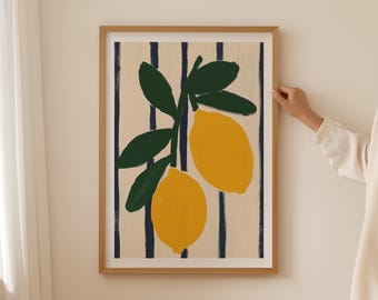 Lemons Art Print, Yellow and Blue Stripes, Modern Kitchen Decor (Digital Download)