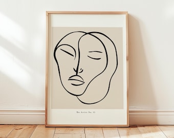 Minimalist Line Art Print, Neutral Beige Abstract Face (Digital download)