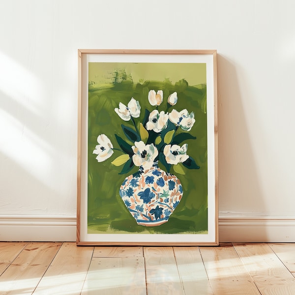 Floral Gouache Art Print, Flowers In Vase, Colorful Wall Decor (Digital Download)