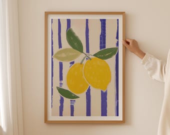 Lemons Art Print, Blue Stripes, Modern Kitchen Decor (Digital Download)