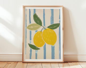 Lemons Art Print, Blue Stripes, Modern Kitchen Decor (Digital Download)