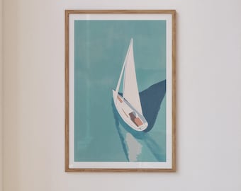Turquoise Sailing Art Print, Coastal Seaside Poster (Digital Download)