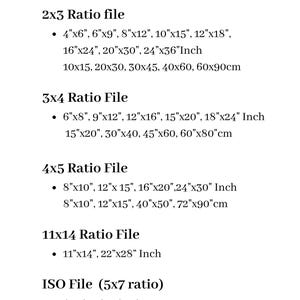 May include: A chart listing different file sizes for images, including 2x3, 3x4, 4x5, 11x14, and ISO file ratios. The sizes are listed in inches and centimeters.