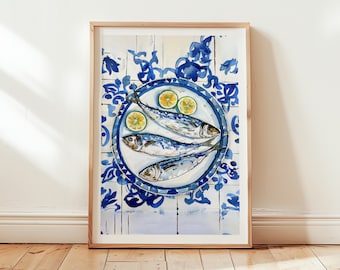 Seafood Art Print, Fish and Lemon Kitchen Decor (Digital Download)
