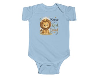 Babyromper leeuw – Brave Kind Loved aquarelprint, genderneutraal babyrompertje