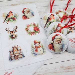 May include: A sheet of white felt with printed Christmas designs, including a snowman, Santa Claus, a deer, a bird, a house, and a wreath. There are also six felt ornaments with the same designs.