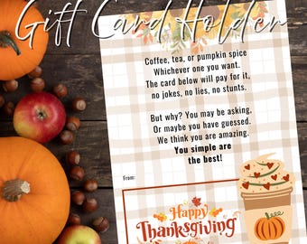 Thanksgiving Gift Card Holder, Digital Download Greeting Card, Grateful for You Printable, Teacher Appreciation, Thankful Friend Present