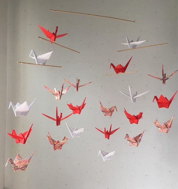 22 Large Origami Cranes Mobile Red And White 6 Japanese Washi Chiyotami And Solid Origami Nursery Decor Home Decor Baby Mobile