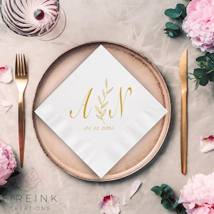 Custom Foil Wedding Napkins – Personalized Monogram Napkins with Initials & Date – Elegant Cocktail Napkins – Set of 50 or 100