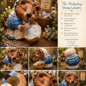 May include: A ceramic hedgehog figurine named Henrietta, depicted doing laundry. The figure wears a blue dress with white floral patterns, a white bonnet, and an apron, holding a basket. It measures 6.5 inches tall, 7 inches wide, and 5 inches deep.