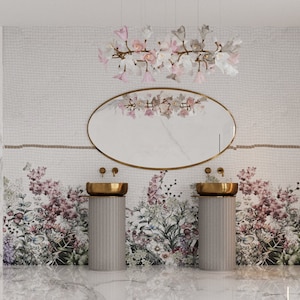 MOSAIC FLOWERS ceramic tile wallpaper, wall mural, textured wall fabric, custom wallpaper, removable wallpaper, wall design