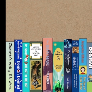 May include: A row of children's book spines including Charlotte's Web, Demon Dentist, The Cat in the Hat, Alice's Adventures in Wonderland, The Iron Man, The Wizard of Oz, Percy Jackson and the Lightning Thief, Narnia, The Story of Tracy Beaker, and Dog Man.