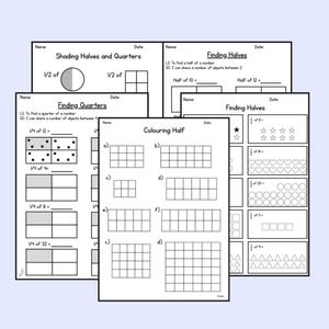 May include: A stack of black and white worksheets for learning fractions. The worksheets include exercises on shading halves and quarters, and finding halves and quarters. The worksheets have the words "Name" and "Date" at the top.