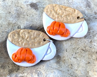 Pumpkin Coffee Cup Polymer Clay Earrings, Fall Latte Earrings, Autumn Dangle Earrings, Cozy Fall Jewelry, Handmade Gift