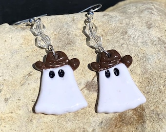 Cowboy Ghost Polymer Clay Earrings, Western Halloween Earrings, Spooky Cute Dangle Earrings, Boo Jewelry, Handmade Gift