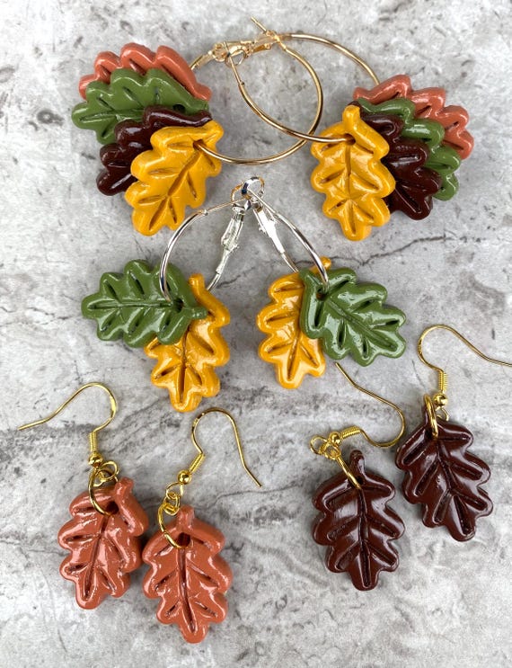 Fall Leaf Polymer Clay Earrings, Autumn Oak Leaf Earrings, Harvest Dangle Earrings, Rustic Fall Jewelry, Handmade Gift