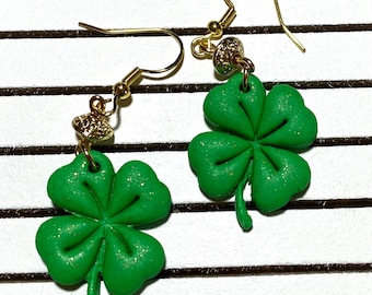 Four Leaf Clover Polymer Clay Earrings, Lucky Shamrock Earrings, St Patricks Day Jewelry, Green Dangle Earrings, Handmade Gift