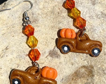 Pumpkin Truck Polymer Clay Earrings, Fall Harvest Earrings, Autumn Dangle Earrings, Rustic Farm Truck Jewelry, Handmade Gift