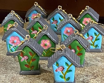 Handmade Birdhouse Polymer Clay Earrings | Spring Birdhouse Dangle Earrings | Cottagecore Jewelry | Nature Lover Gift | Garden Inspired