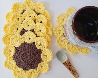 Crochet Sunflower Coasters | Summer and Fall Coasters | Farmhouse Coasters | Handmade Country Style Coasters