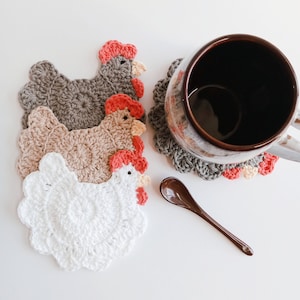 Crochet Chicken Coasters Choose your Colors and Quantity Farmhouse Barnyard Coasters Handmade Country Style Coasters image 1