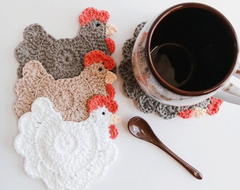 Crochet Chicken Coasters | Choose your Colors and Quantity | Farmhouse Barnyard Coasters | Handmade Country Style Coasters