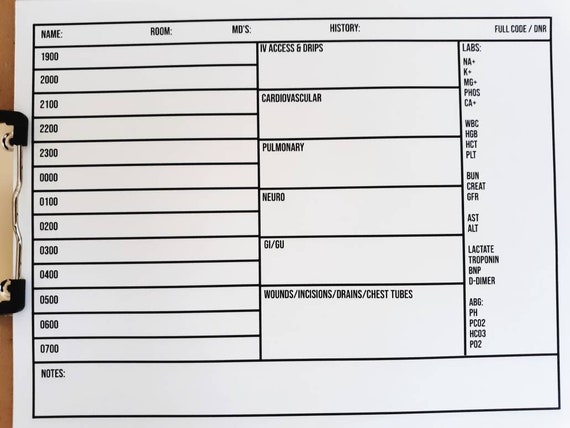 Hourly Night Shift Single Patient Icu Nurse Report Sheet Etsy