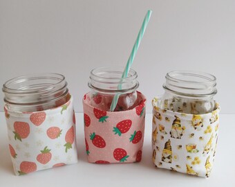 Insulated Mason Jar Cozies | Cute Prints Mason Jar Cozy | Pink Strawberries | Cute Gnomes | Coozie for Mason Jar | PINT Size Mason Jar Cozy