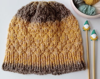 Handknit Collection Beanblossom Beanie Knit Hat || Chunky Cap Toque || Earwarmer Fashion Soft Texture || Vegan Yarn || Gold Yellow Brown