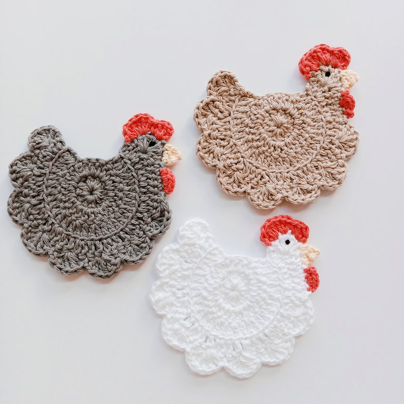 Crochet Chicken Coasters Choose your Colors and Quantity Farmhouse Barnyard Coasters Handmade Country Style Coasters image 3