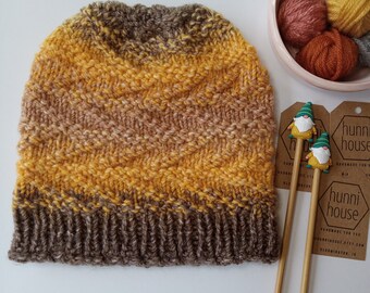 Handknit Collection McCormick's Creek Beanie Knit Hat || Rustic Cap Toque || Earwarmer || Soft Texture || Vegan Yarn || Yellow Brown