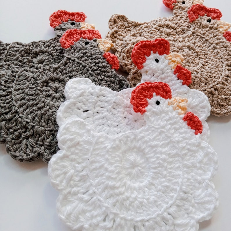 Crochet Chicken Coasters Choose your Colors and Quantity Farmhouse Barnyard Coasters Handmade Country Style Coasters image 4
