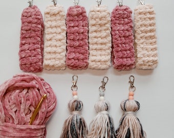 Crochet Keychains | Wristlet Keychain | Keychain Wristlets | Tassel Keychain | Keychain Charm | Keychain Bag Accessories | Pink and White