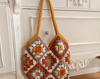 Granny Square Shoulder Bag Purse || The Kirkwood Bag || Retro Granny Square Purse || Handmade Crochet Bag || Yellow Gold Orange White Gray