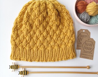 Handknit Collection Beanblossom Beanie Knit Hat || Chunky Cap Toque || Earwarmer Fashion Soft Texture || Vegan Yarn || Yellow Gold Mustard