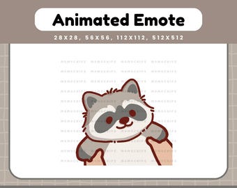 May include: Animated emote of a cartoon raccoon with gray and white fur, a red nose, and brown hands. The text "Animated Emote" is at the top, with size specifications below. The word "SHAKE" is at the bottom.