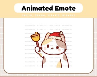 Puede incluir: Un emote animado con un gato de dibujos animados con un gorro de Papá Noel y sosteniendo una campana dorada. El texto "Animated Emote" está en la parte superior, con especificaciones de tamaño. Las palabras "Christmas Bell" están en la parte inferior.
