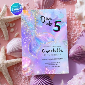 Mermaid Tail Birthday Invitation Template, Editable Canva Mermaid Bash Glitter Under the Sea Birthday Invite, Mermaid Girl Party Invite