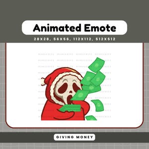 May include: Animated emote featuring a red hooded figure with a skull face, holding and giving green money. The text "Animated Emote" is at the top, with size specifications. The text "GIVING MONEY" is at the bottom.