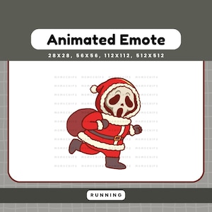May include: Animated emote featuring a running figure in a Santa Claus outfit with a Scream mask for a face. The figure is wearing a red suit with a white trim, a black belt, and a red Santa hat. The emote is labeled "Animated Emote" and "RUNNING".