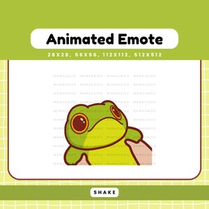 Puede incluir: Una rana de dibujos animados verde con grandes ojos marrones y una expresión de sorpresa. La imagen está etiquetada como "Animated Emote" con especificaciones de tamaño. La palabra "SHAKE" está en la parte inferior. El fondo es verde claro con un patrón de cuadrícula.