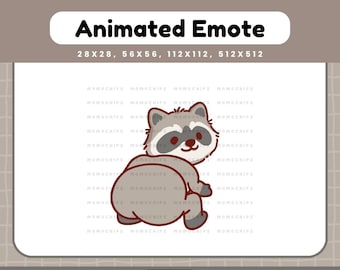 May include: An animated emote of a cartoon raccoon, with gray and brown fur, winking and twerking. The text "Animated Emote" is at the top, with size specifications below. The word "TWERK" is at the bottom.