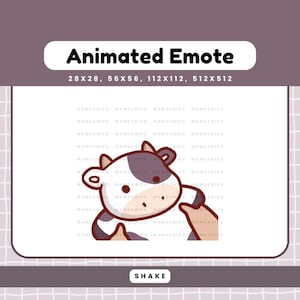 May include: An animated emote featuring a cartoon cow with a white body, brown spots, and a friendly expression. The cow is gesturing with its hands. The text "Animated Emote" and size specifications are displayed.