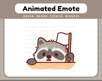 May include: An animated emote of a cartoon raccoon holding a white flag. The raccoon is grey and white with a red nose. The text "Animated Emote" is at the top. The image also includes the text "GIVE UP".