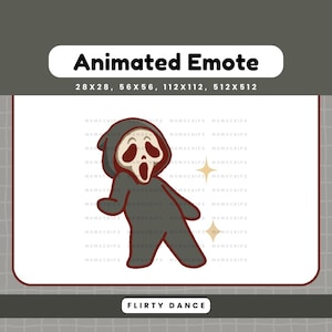 Könnte beinhalten: Ein animiertes Emote mit einer Cartoonfigur in einem schwarzen Kapuzenmantel und einer weißen Maske mit einem schreienden Gesichtsausdruck. Der Text "Animated Emote" und "Flirty Dance" sind enthalten.